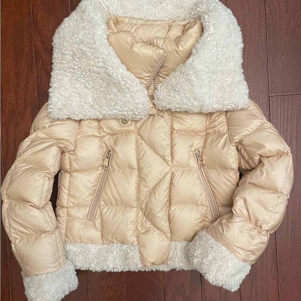 "Chic Moncler Girls' Size 8 Jacket: Tan with Gold Tones"